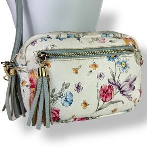 Firenze Italy Italian Handmade Hand Painted Floral Crossbody Bag White Leather